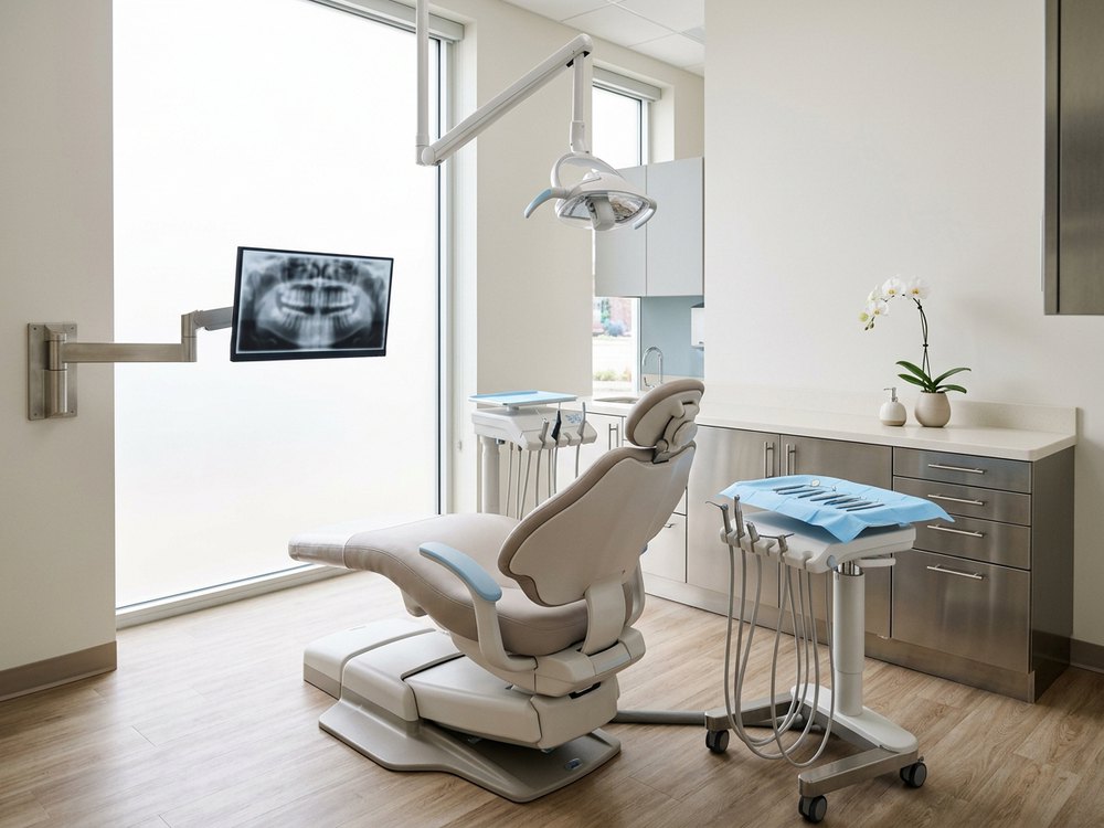 Sala dental moderna con silla y lámpara quirúrgica