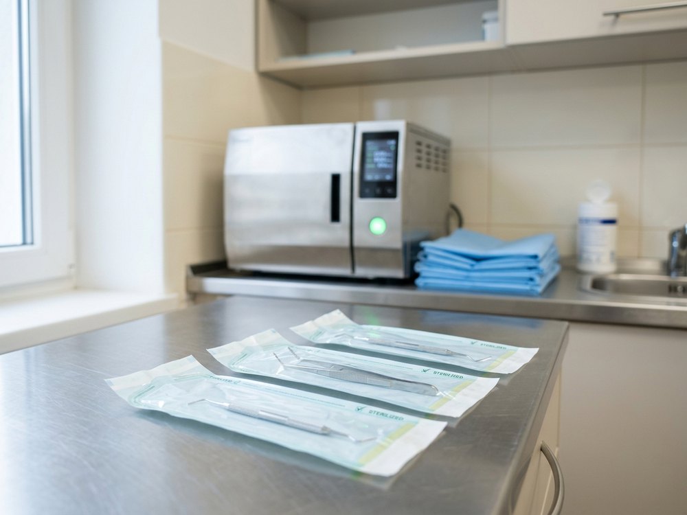 Área de esterilización con autoclave y paquetes sellados
