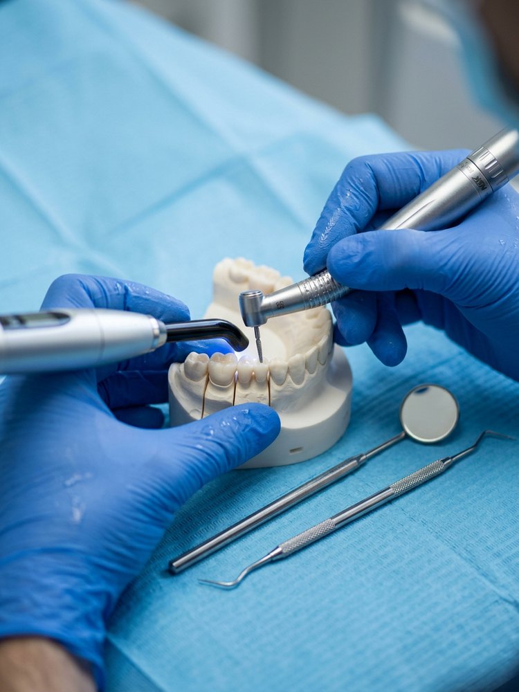 Manos enguantadas trabajando en un modelo dental con instrumentos modernos